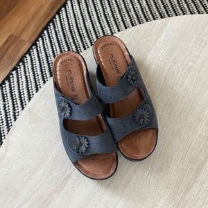 Flexus by Spring Step Navy Leather Floral Anatomic Wedge Slide Sandals Italy 36